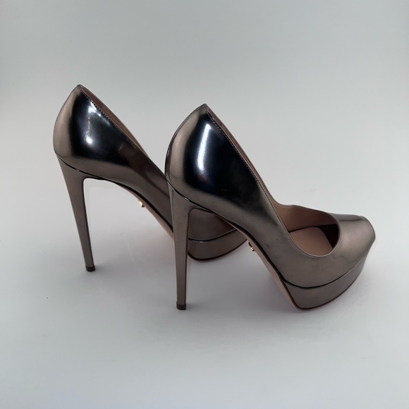 BNIB Sergio Rossi Mirror Platform Peep Toe Pumps Size 38.5 Metallic Silver Gold - Picture 5 of 8